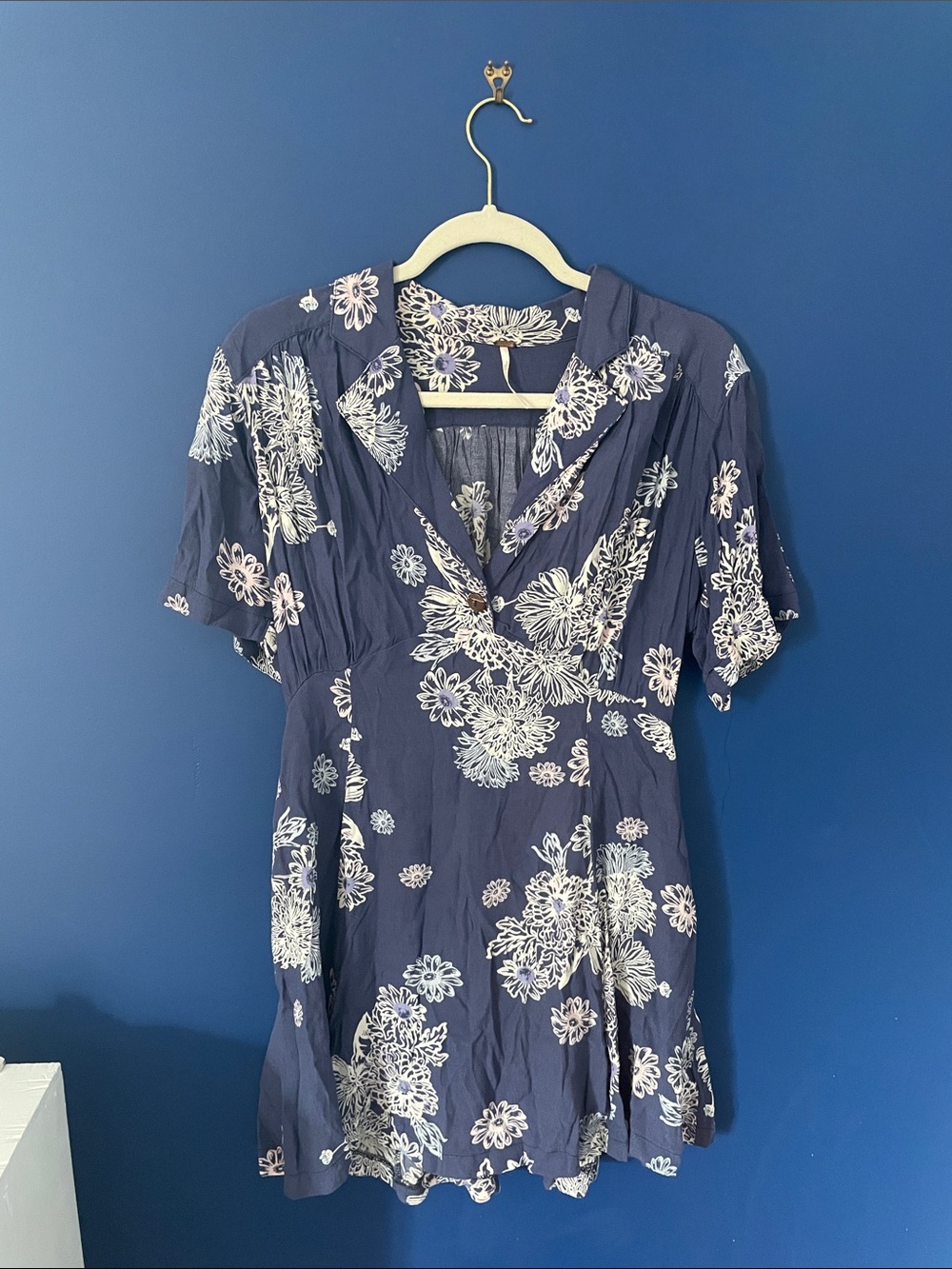 Free People Navy Floral Short Sleeve Boho Dress